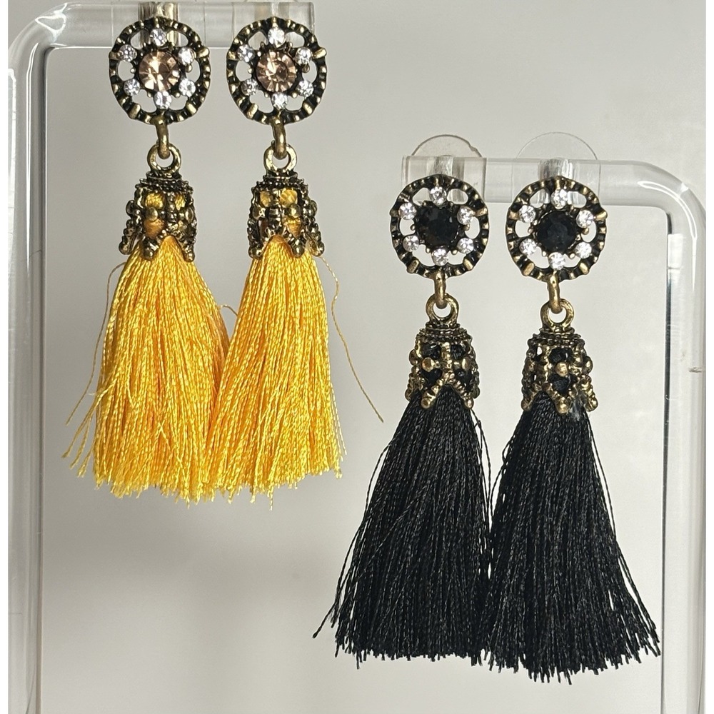 2 Pairs Rhinestone Tassel Earrings Black Gold Yellow Boho Statement Pierced